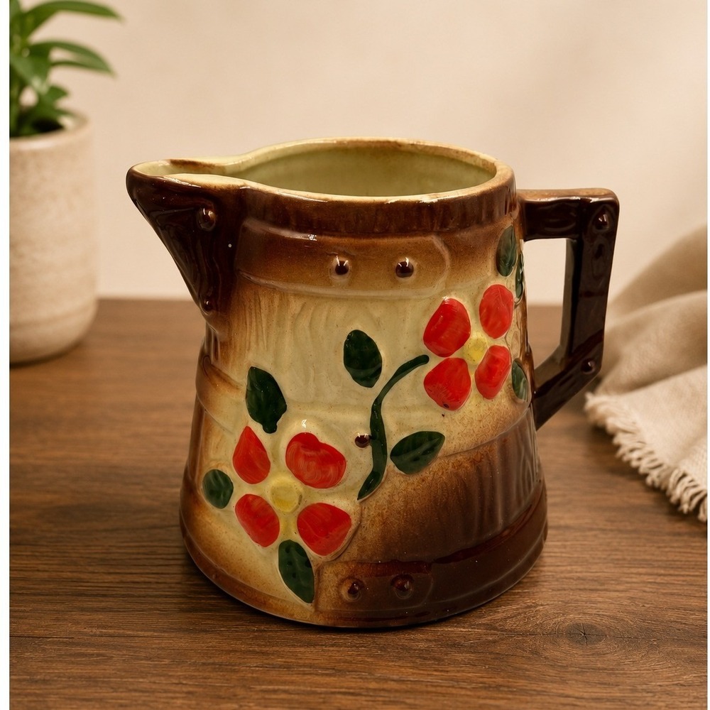 Vintage Ceramic Barrel Pitcher Faux Wood Hand Painted Red Flowers USA Pottery